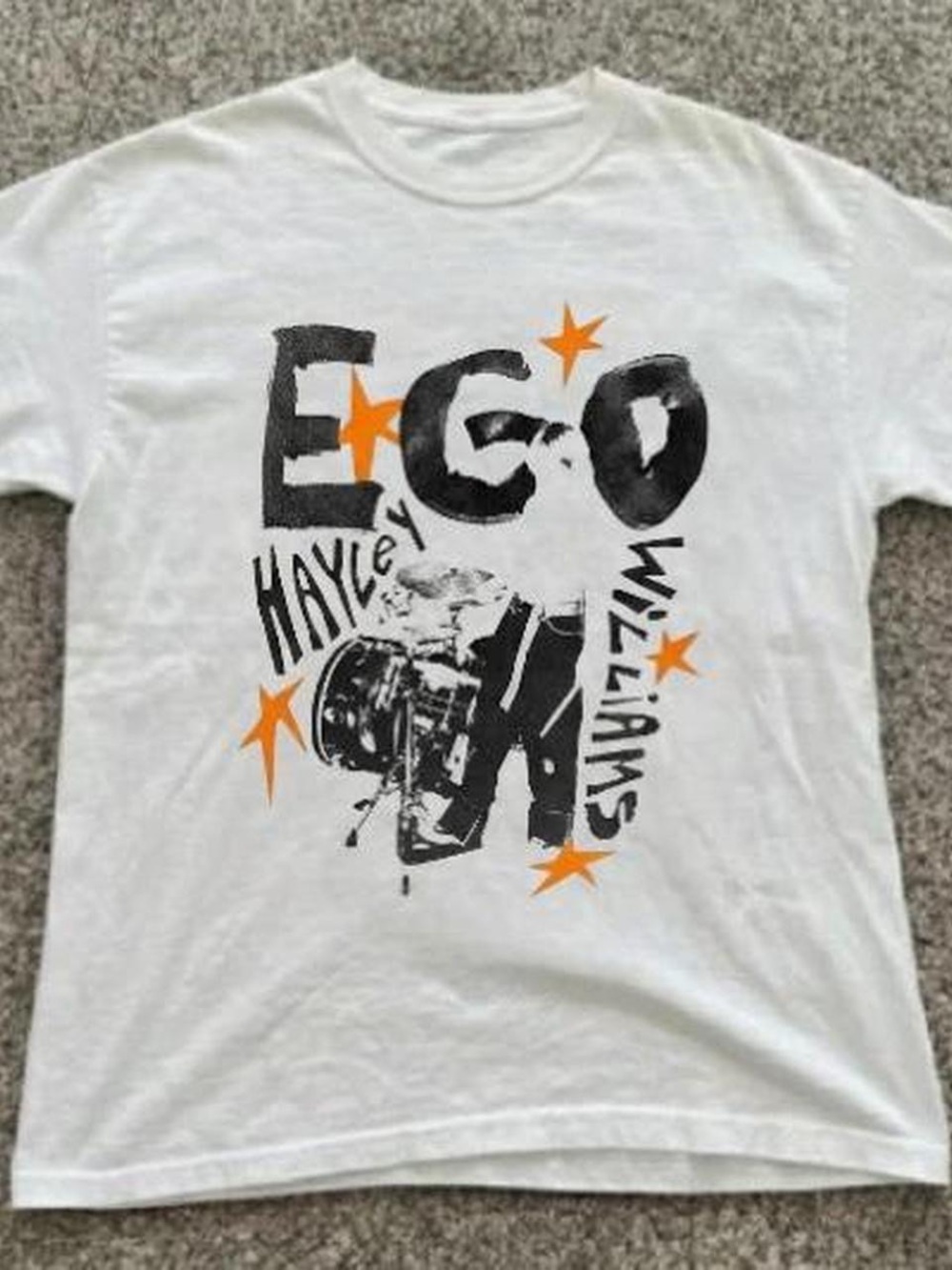 Gildan White Graphic Tee with Black Print & Orange Stars